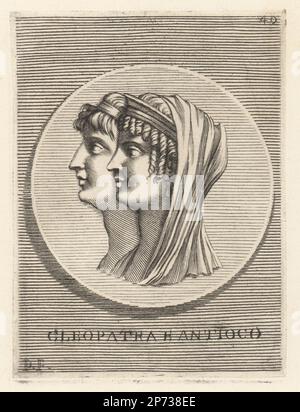 Cleopatra Thea e suo figlio Antioco VIII, governanti dell'Impero Seleucido. Cleopatra Thea, soprannominato Eueteria, governatore dell'Impero Seleucido ellenistico, 164-121 a.C. Antiochia VIII Epifane, soprannominato Grypus, governatore dell'impero eleucide ellenistico dal 125 al 96 a.C. Donna con ricci in diadema reale e velo, gioventù in diadema reale. Cleopatra e Antioco. Incisione su copperplate di Etienne Picart dopo Giovanni Angelo Canini da Iconografia, cioe malati d'imagini de famosissimi monarchi, regi, filososi, poeti ed oratori dell'Antichita, disegni di immagini di famosi monarchi, re, filosofi Foto Stock