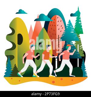 Disegno astratto con disegno piatto di tre persone che svolgono attività sportive all'aperto. Tre corridori che esercitano nel mezzo della foresta. Illustrazione Vettoriale
