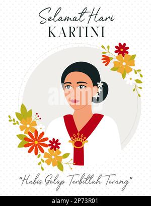 Kartini è eroe donna dall'indonesia. Selamat Hari Kartini significa Happy Kartini Day. Donna asiatica con fiori. Habis gelap terbitlah terang significa dopo Illustrazione Vettoriale