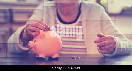 Donna anziana che mette una moneta in una banca piggy, modello geometrico Foto Stock