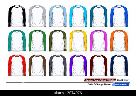 T-shirt a collo tondo Raglan, vista frontale, manica lunga colorata, corpo bianco. Illustrazione vettoriale Illustrazione Vettoriale