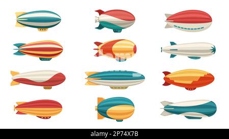 Dirigibile. Cartone animato Airship vecchia industria di trasporto di corsa, retro aereo palloncino aereo aereo aereo aereo aereo aereo aereo elio macchina, aereo concetto di aviazione. Set piatto vettoriale Illustrazione Vettoriale