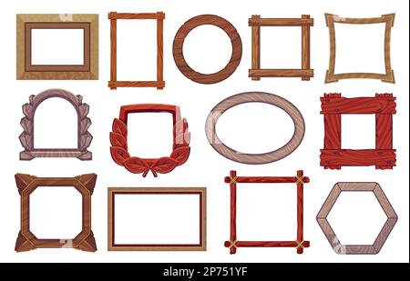 Cornici di legno. Cartone animato bordi e tavole di diverse forme con rami di albero, vuoto naturale twig cartello per la progettazione di videogiochi. Set vettoriale Illustrazione Vettoriale