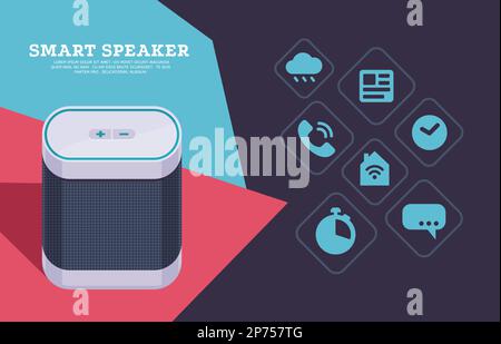Assistente per la casa intelligente. Dispositivo a controllo vocale con intelligenza artificiale con varie app, gadget con altoparlante wireless per la progettazione di landing page. Vettore Illustrazione Vettoriale
