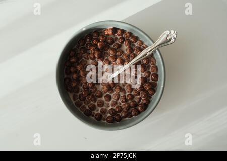 I cereali e il latte per la colazione sono in un recipiente verde con un cucchiaio di metallo su un tavolo bianco. Il cereale è pronto per mangiare. Vista dall'alto di un cereale pronto per la colazione. Foto Stock