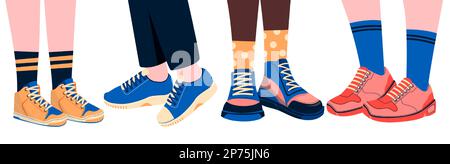 Gambe con scarpe. Piedi femminili maschili che indossano scarpe eleganti, modelli eleganti e alla moda di stile cartoon casual e sportivo. Piatto vettoriale Illustrazione Vettoriale