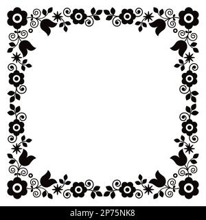 Design vettoriale con cornice quadrata ispirata all'arte popolare polacca, perfetto per biglietti d'auguri floreali o inviti di nozze in bianco e nero Illustrazione Vettoriale