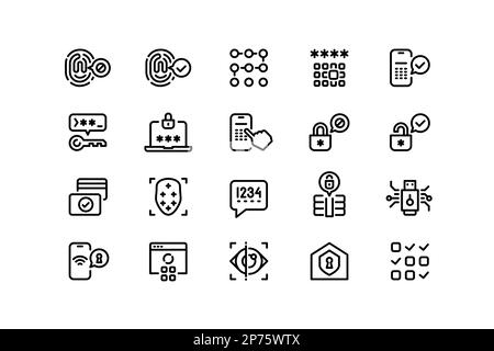 Icone della linea di sicurezza dell'app. Face Detection, PIN-code e password, scansione di bulbi oculari e impronte digitali, chiave di accesso fisica ed elettronica. Vettore modificabile Illustrazione Vettoriale