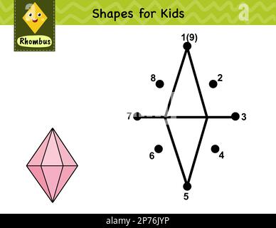 Gioco da punto a punto per i bambini. Collega i punti e disegna un cristallo. Pagina dell'attività apprendimento della forma del rombo Illustrazione Vettoriale