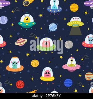 Adorabili alieni nello spazio modello senza cuciture. Dischi volanti sfondo divertente infantile Illustrazione Vettoriale
