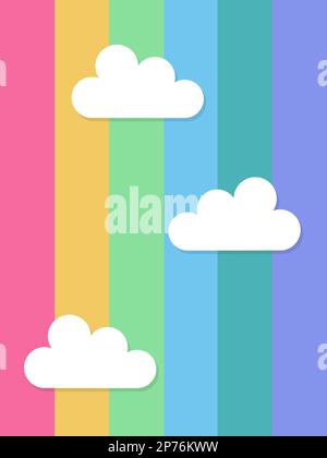 Nuvole bianche sullo sfondo dell'arcobaleno. Sfondo arcobaleno. Illustrazione semplice del vettore piatto. Illustrazione Vettoriale
