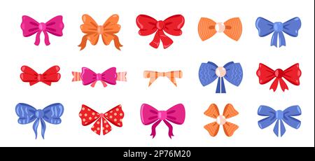 Archi con nastri. Carino bowknot capelli e regalo pacchetto elementi legati, cartone animato colorato donna acconciatura accessori diverse forme e texture. Vettore Illustrazione Vettoriale