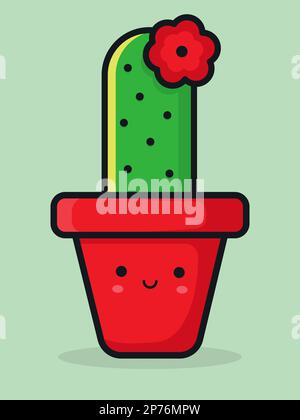 Carino cartone animato sorridente piano flowering cactus. Cactus verde in una pentola di fiori rossi. Illustrazione vettoriale. Illustrazione Vettoriale