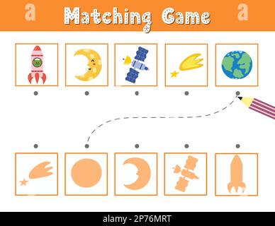 Trova il gioco di corrispondenza ombra corretto con carino spazi personaggi ed elementi Illustrazione Vettoriale