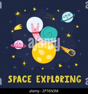 Spazio esplorando stampa con carino astronauta lumaca su un pianeta. Carta cosmica in stile cartoon Illustrazione Vettoriale