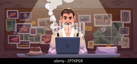 Detective con indizio bordo. Personaggio di un agente di polizia con piano di indagine sul crimine, ufficiale vicino alla bacheca in sughero con note e prove. Vettore Illustrazione Vettoriale