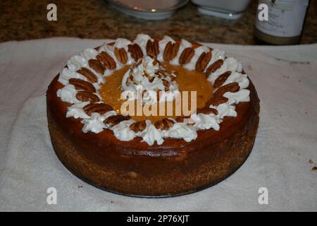 Cheesecake di zucca con condimento di pecan e crosta di cannella per i ringraziamenti Foto Stock