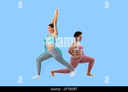 Allegro caucasico e nero giovani donne atleti in abbigliamento sportivo, donna in sovrappeso tirato intorno, facendo esercizi Foto Stock