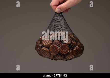 Castagne grezze commestibili in un sacchetto di plastica a rete tenuto da mano maschile. Primo piano ripresa da studio, isolata sul grigio. Foto Stock