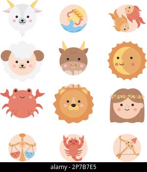 Carino set di illustrazioni vettoriali dei segni zodiacali rotondi Illustrazione Vettoriale
