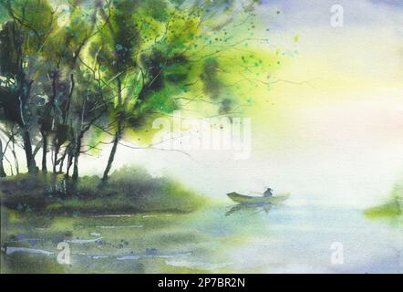 Pittura di paesaggio e pescatore. Acquerello paesaggio pittura uomo in barca decorazione illustrazione. Foto Stock