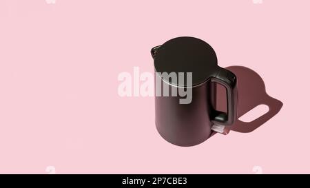 bollitore nero opaco che proietta l'ombra su uno sfondo rosa. Elegante apparecchio da cucina per riscaldare l'acqua fino all'ebollizione per tè o caffè. bollitore elettrico moderno Foto Stock