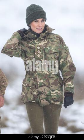 La principessa del Galles, colonnello delle Guardie irlandesi, durante una visita alla Salisbury Plain Training Area nel Wiltshire, per incontrare i membri delle 1st Guardie irlandesi del Battaglione, Per la prima volta dopo aver ricevuto la nomina onoraria lo scorso anno e per ascoltare di persona il lavoro che le Guardie irlandesi stanno svolgendo. Data immagine: Mercoledì 8 marzo 2023. Foto Stock