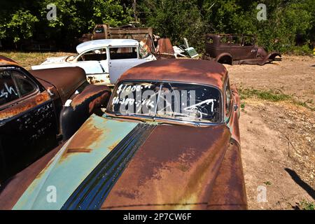 Orderville, USA - 15 luglio 2008: Junk yard con vecchi bei oldtimers sulla strada 89 a Orderville, USA. L'America è un posto per l'auto classica europea Foto Stock