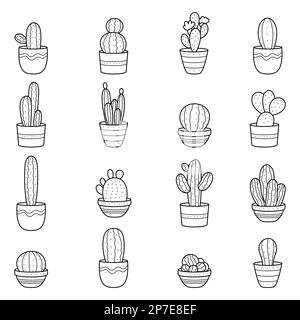 Set Cactus. Una collezione di graziose piante minimaliste in vaso. Semplici illustrazioni del clipart lineare. Loghi ed emblemi per un negozio di fiori. Clipart per pac Illustrazione Vettoriale