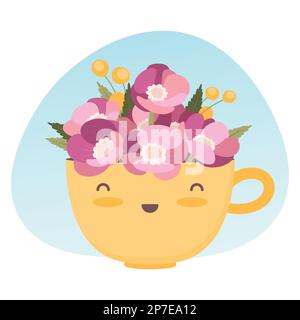 Carino tazza gialla con fiori rosa. Personaggio dei cartoni animati in stile piatto. Bella illustrazione per la festa della mamma o il compleanno biglietto di auguri design. Un felice Illustrazione Vettoriale
