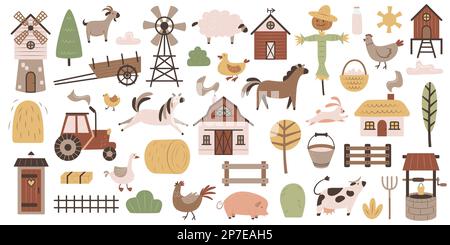 Una grande collezione di oggetti di fattoria o ranch, animali, piante e attrezzature. Set di graziosi elementi piatti per il design. Stile di vita rurale. Colore semplice Illustrazione Vettoriale