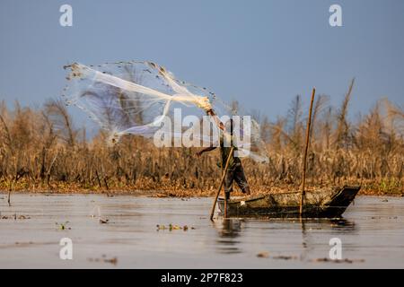 il pescatore tradizionale lancia la sua rete di pesca circolare pesata alta nel nokwie del lago a ganvie in benin Foto Stock