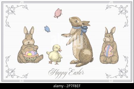 Hand Drawed cute Easter Greetings Card Bunny Duckling and Butterfly Vector Illustration. Conigli piccoli che tengono un cestino pieno di uova di Pasqua. Molla Illustrazione Vettoriale