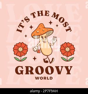 Biglietto d'auguri per i personaggi dei cartoni animati retrò. Felice fungo agarico mosca con sorridente modello di etichetta fiori. Illustrazione mascotte con logo vettoriale nella Illustrazione Vettoriale