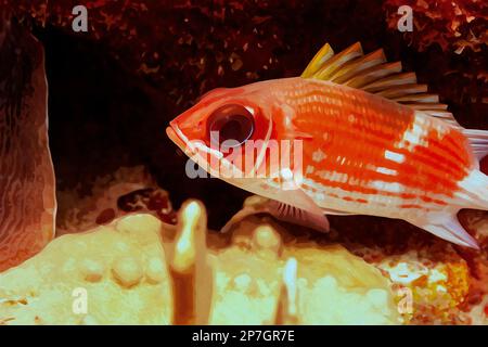 Dipinto ad acquerello creato digitalmente di Squirrelfish Olocentrus adscensionis nella barriera corallina del Mar dei caraibi Foto Stock