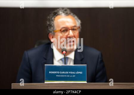 Il magistrato e presidente della giurisdizione Speciale per la Pace (JEP) Roberto Carlos Vidal Lopez parla della denuncia durante una conferenza stampa Foto Stock