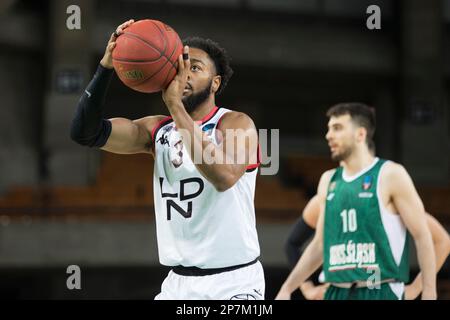 Wroclaw, Polonia, 8th marzo 2023. 7days Eurocup: WKS Slask Wroclaw vs Lions di Londra nella Centennial Hall. Foto: #3 Aaron Best © Piotr Zajac/Alamy Live News Foto Stock