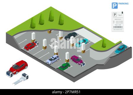 Robot isometrico parcheggiatore auto. Robot con parcheggiatore all'aperto. Sistemi di parcheggio automatizzati per auto Parcheggio sotterraneo con auto. Parcheggio coperto Illustrazione Vettoriale