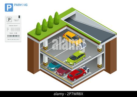 Robot isometrico parcheggiatore auto. Robot con parcheggiatore all'aperto. Sistemi di parcheggio automatizzati per auto Parcheggio sotterraneo con auto. Parcheggio coperto Illustrazione Vettoriale