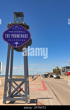 Galveston, Texas, USA - 2023 febbraio: Cartello sul lungomare di Galveston Foto Stock