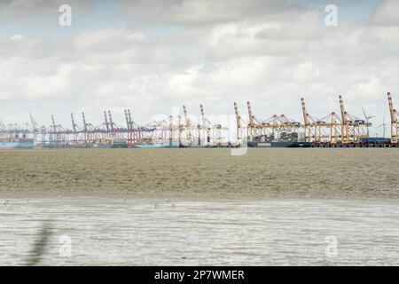 Porto container Bremerhaven visto da Nordenham Blexen, Germania 2022. Foto Stock