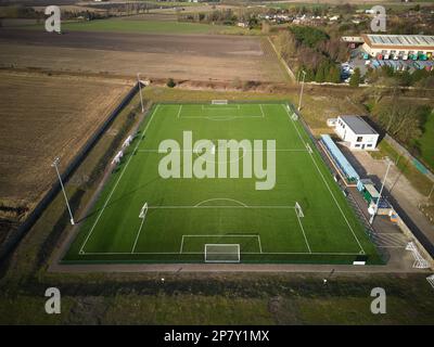 Viste aeree del Burscough Football Club, Lancashire, Regno Unito, non campionato, in una giornata di sole nel febbraio 2023 Foto Stock