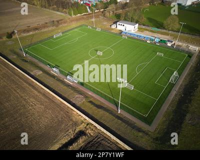 Viste aeree del Burscough Football Club, Lancashire, Regno Unito, non campionato, in una giornata di sole nel febbraio 2023 Foto Stock