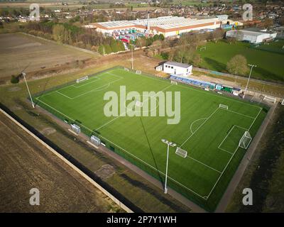 Viste aeree del Burscough Football Club, Lancashire, Regno Unito, non campionato, in una giornata di sole nel febbraio 2023 Foto Stock