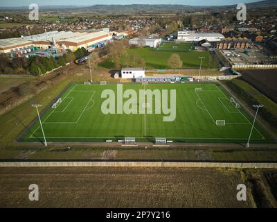 Viste aeree del Burscough Football Club, Lancashire, Regno Unito, non campionato, in una giornata di sole nel febbraio 2023 Foto Stock