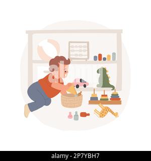 Pulizia giocattoli isolato cartone animato illustrazione vettoriale. Insegnare al bambino a mettere i giocattoli in ordine, montessori ripulire, auto-cura abilità, esercizio di asilo, educazione della prima infanzia vettore cartoni animati. Illustrazione Vettoriale