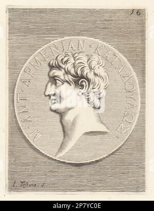 Marco Antonius, politico romano, console e generale, 83-30 a.C. Testa di un uomo pulito e rasato con capelli ricci. Marco Antony. Antonio armeno. Incisione in copperplate di Giuseppe Testana dopo Giovanni Angelo Canini da Iconografia, cioe malati d'imagini de famosissimi monarchi, regi, filososi, poeti ed oratori dell'Antichita, disegni di immagini di famosi monarchi, re, filosofi, poeti ed oratori dell'Antichità, Ignatio de'Lazari, Roma, 1699. Foto Stock