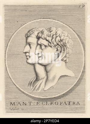 Capi di Marco Antony e Cleopatra. Marco Antonius, politico romano, console e generale, 83-30 a.C. Cleopatra VII Filopatore, Regina del regno tolemaico d'Egitto dal 51 al 30 a.C. M. ANT. E Cleopatra. Incisione su copperplate di Guillaume Vallet dopo Giovanni Angelo Canini da Iconografia, cioe malati d'imagini de famosissimi monarchi, regi, filososi, poeti ed oratori dell'Antichita, disegni di immagini di famosi monarchi, re, filosofi, poeti ed oratori dell'Antiquità, Ignatio de'Lazari, Roma, 1699. Foto Stock