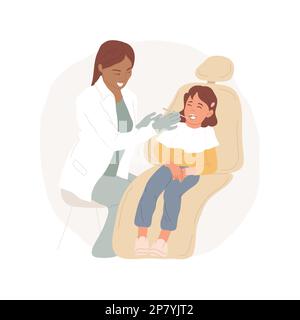 Caries illustrazione di vettore di cartone animato isolato. Bambina con carie in sedia dentista, trattamento denti bambini, mancanza di igiene personale del corpo, controllo medico della cavità orale cartone animato vettore. Illustrazione Vettoriale