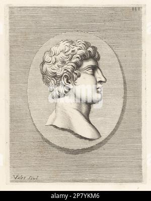 Testa di un giovane uomo con capelli corti ricci. Da un antico gioiello ovale. Incisione su copperplate di Guillaume Vallet dopo Giovanni Angelo Canini da Iconografia, cioe malati d'imagini de famosissimi monarchi, regi, filososi, poeti ed oratori dell'Antichita, disegni di immagini di famosi monarchi, re, filosofi, poeti ed oratori dell'Antiquità, Ignatio de'Lazari, Roma, 1699. Foto Stock